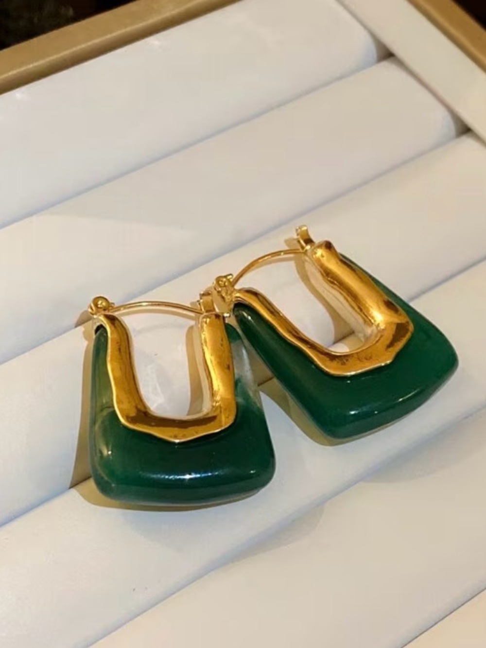 Gold Tone & Emerald Green Hoop Earrings